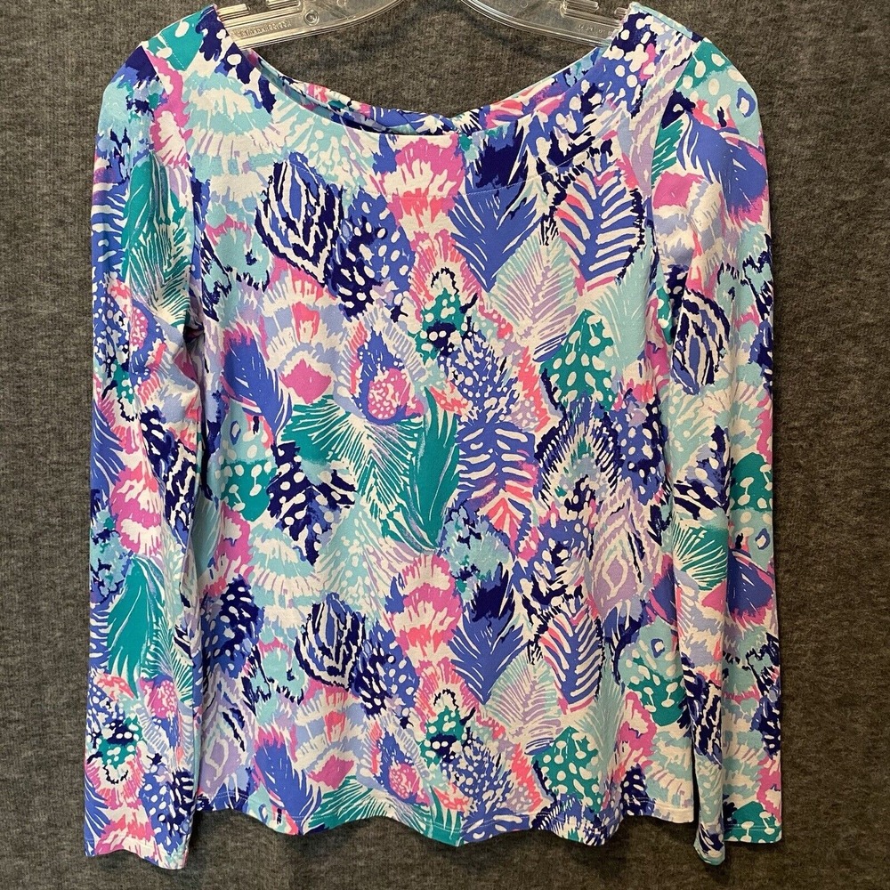 Lilly Pulitzer Top Womens Small Blue Pink Floral Cutout Twist Blouse Shirt Tee